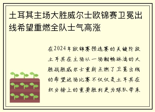 土耳其主场大胜威尔士欧锦赛卫冕出线希望重燃全队士气高涨