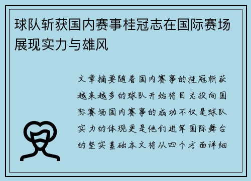 球队斩获国内赛事桂冠志在国际赛场展现实力与雄风