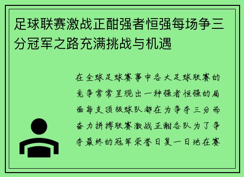 足球联赛激战正酣强者恒强每场争三分冠军之路充满挑战与机遇